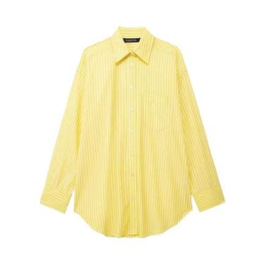 Imagem de Terno Listrado Amarelo Soltinho para Mulheres - Calça com Cordão e Cam