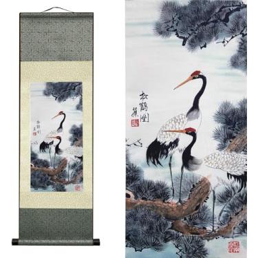 Imagem de Jaxiuk Decoração de parede asiática bela pintura de rolo de seda flor - guindaste descansando no pinheiro decoração oriental arte chinesa pintura de parede rolo de pintura de parede (91,9 x 30,5 cm)