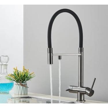 Imagem de Torneira com filtro de água de cozinha, ouro escovado, bico duplo, misturador de água potável pura, rotação, torneiras de purificação de água, cinza a