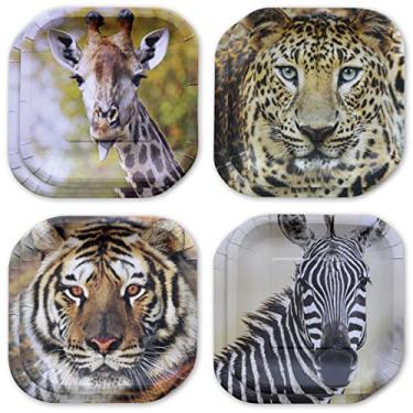 Imagem de Havercamp Pratos de festa de papel para safári da selva (16 peças)! Pratos quadrados de sobremesa de 41-18 cm em rostos autênticos de animais da selva! 4 ea. Leopardos-Tigres-Girafas-Zebras