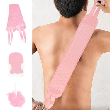 Imagem de Conjunto de 3 peças de banho esfoliante com alça de esfregão nas costas e esponja de bucha para limpeza profunda do corpo e esfoliação de corpo inteiro (rosa)