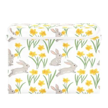 Imagem de Burbuja Caixa de armazenamento de flores de coelho com tampa e alças, caixa de armazenamento grande dobrável para prateleiras armário quarto escritório organizador
