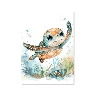 Imagem de Impressão de berçário de animais oceânicos desenho animado tartaruga marinha baleia pôster aquarela animais marinhos pintura em tela decoração de parede quarto infantil (SKU6,50.8x71.1 cm = (50x70cm