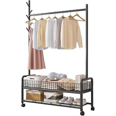 Imagem de Suporte de cabide com armazenamento de sapatos, estrutura de aço, árvore de salão industrial com ganchos, com prateleiras de sapatos, suporte para roupas com rodízios, cabide de corredor (tamanho: 90