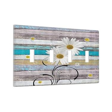 Imagem de Capas de interruptor de luz vintage margarida quádruplo decorativas exclusivas placa de parede 4 gangues placa elétrica placa de interruptor de madeira rústica flor para casa de fazenda cozinha quarto