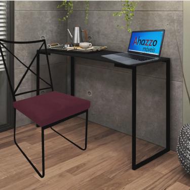 Imagem de Kit Escritório Clark Cadeira e Mesa Industrial Ferro Preto Tampo mdf Preto Suede Bordô - Ahz Móveis