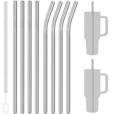 Imagem de Tomorotec 8 canudos de aço inoxidável de 30,5 cm, 4 dobrados e 4 retos para copos Stanley de 1,134 g, canudos reutilizáveis de grau alimentício com escova de limpeza para vitaminas, milkshakes, café