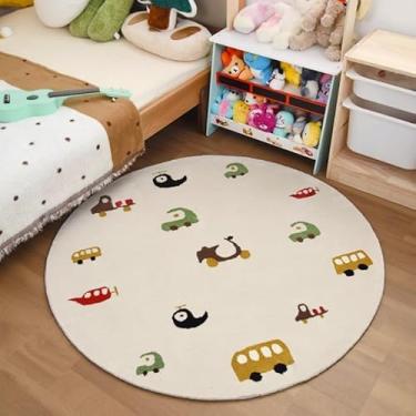 Imagem de Poowe Tapete de brinquedo infantil redondo de 1 m, tapete infantil de lã sintética macia para carro/caminhão, tapete infantil para quarto, sala de estar, sala de jogos