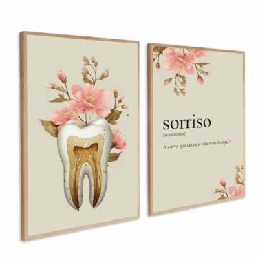 Imagem de Quadros Decorativos Odontologia Dente Flores Sorriso dentista consultorio Moldura (Moldura Bege, 40x60, Com Vidro)