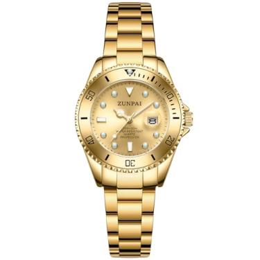 Imagem de ZUNPAI Relógios femininos com bisel rotativo, data, à prova d'água, luminoso, aço inoxidável, analógico, quartzo, relógio de pulso feminino, elegante, luxuoso, para mulheres, Dourado, Casual