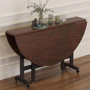 Imagem de Mesa de jantar moderna de folha redonda, mesa de jantar dobrável com 6 rodas, mesa de cozinha dobrável com suporte de aço carbono, dobrável em 3 formas, suporta facilmente peso de 400 kg (cor: