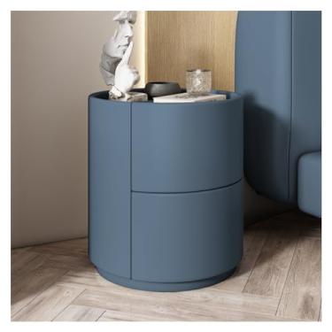 Imagem de Mesa de cabeceira redonda com envoltório de couro de microfibra, mesa de cabeceira luxuosa com 2 gavetas de madeira maciça, mesa lateral moderna móveis de cabeceira (cor: cinza claro) (azul)