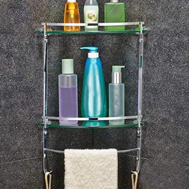 Imagem de Prateleira de canto de vidro com calha de alumínio e toalheiro (1 nível de vidro temperado de 8 mm de espessura) prateleira de casa de banho montagem na parede (tamanho: 60 * 12 * 4 cm) (25 * 48 cm)