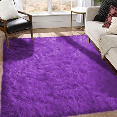 Imagem de Goolela Tapete de sala de estar – 15 x 23 cm de pele sintética fofa roxo lavável grande tapete felpudo para quarto, dormitório, decoração de quarto de adolescente – Retângulo