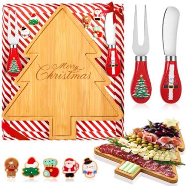 Imagem de Ziliny 1 conjunto de tábua de queijo de árvore de Natal mini tábua de queijo de madeira com facas, garfos e brinquedos decorativos, conjunto de presente para decoração de festa de Natal e cozinha (cor