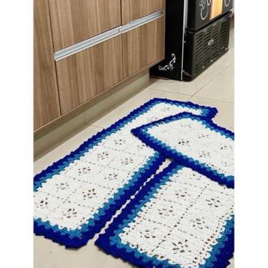 Imagem de passadeira Tapete com padrão tecido Jogo Tapete Passadeira 03 Peças para Cozinha，Estilo natural Antiderrapante e durável(AZUL-RAF)