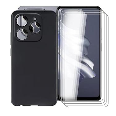 Imagem de AQGGIIXY Pacote com 4 películas de vidro temperado + capa para Tecno Spark 20 Pro (6,7 polegadas), protetor de tela de dureza 9H e capa de silicone macio, capa protetora preta de TPU - Preto
