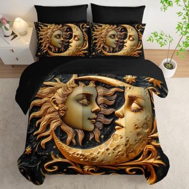 Imagem de AILONEN Jogo de edredom casal com estampa de sol e lua, 7 peças, boêmia, ouro preto, lençol de cima, 2 fronhas, 2 fronhas