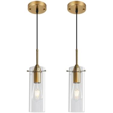 Imagem de Otmilance Luzes pendentes de vidro dourado, luzes pendentes de ilha para cozinha, luz pendente de vidro soprado 2 pacotes, luminária pendente de cozinha moderna, luzes pendentes penduradas para ilha