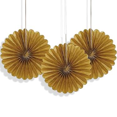 Imagem de Fãs de papel de seda sólida dourada - 15 cm (pacote com 3) - Acessório decorativo elegante - Perfeito para casamentos, eventos e decoração de casa