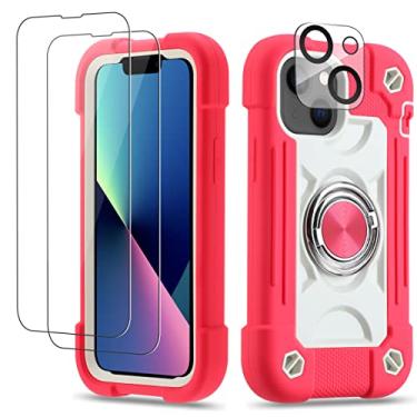 Imagem de Cookiver Capa para iPhone 13 Mini/iPhone 12 Mini de 5,4 polegadas com suporte de anel, com 2 películas de vidro + 1 pacote de protetor de lente de câmera, capa resistente de grau militar (rosa choque)