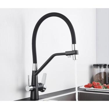 Imagem de Filtro de água torneira da cozinha 2 em 1 preto puxar para baixo torneiras pia água pura para cozinha deck giratória misturadora fria, preto cromo b