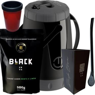 Imagem de Kit Para Tereré Garrafa Lisa Black Erva Mate 500g Copo Cuia Quadrado Acrílico Bomba Clássica Preta (MENTA E LIMÃO)