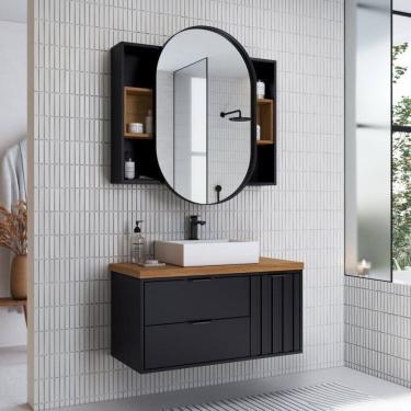 Imagem de Conjunto para Banheiro com Gabinete e Espelheira Bianca 90cm 100% Mdf Preto