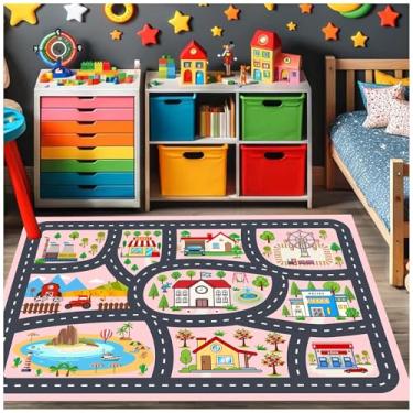 Imagem de Tapete infantil tapete de brincar para sala de jogos e sala de aula, tapetes de área educacional largr com suporte antiderrapante, tapete de brincar vida urbana para brincar de carros brinquedos para crianças menino menina (rosa, 120 Ã— 180 cm)