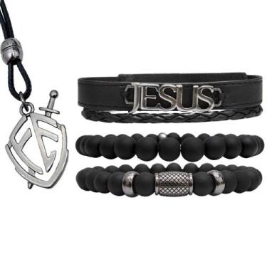 Imagem de Pulseiras Masculinas de Couro Jesus Kit C / 03 + Colar FÉ - GRANADO AC