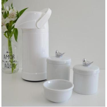 Imagem de kit Higiene Bebê Potes K022 Cotonete Prata Algodão Limpeza Porcelana M