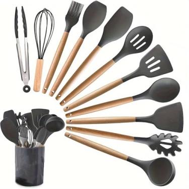 Imagem de HJZSZX Conjunto de utensílios de cozinha de silicone, balde redondo, 12 peças, espátula antiaderente, colher, utensílios de cozinha, cinza, mais de cinco peças, conjunto