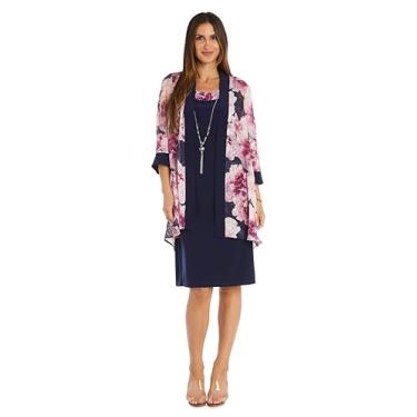 Imagem de R&M Richards Vestido de 2 peças de chiffon estampado floral com vestido regata sólido e colar destacável, Azul-marinho/malva, 44