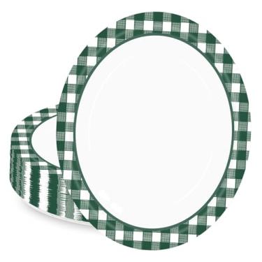 Imagem de HEIPINIUYE Pratos de papel ovais guingão verde escuro com 50 unidades, 25,4 x 30,5 cm, grandes pratos descartáveis para churrasco, bandeja quadriculada para servir suprimentos de festa