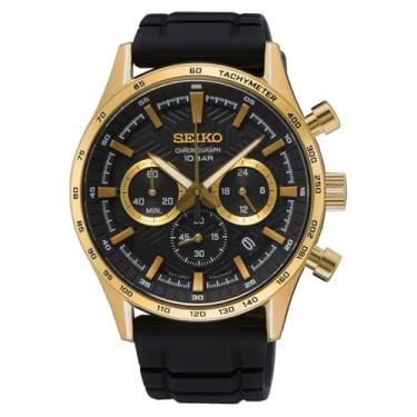 Imagem de Seiko Relógio masculino com cronógrafo, preto dourado, pulseira, Dourado, preto, alça
