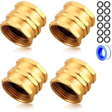 Imagem de UNWAVER Conexões de mangueira de jardim de latão sólido conectores fêmea adaptador de latão resistente acoplador líder de torneira fêmea duplo conector de mangueira de água (3/10.2 cm) 4 peças