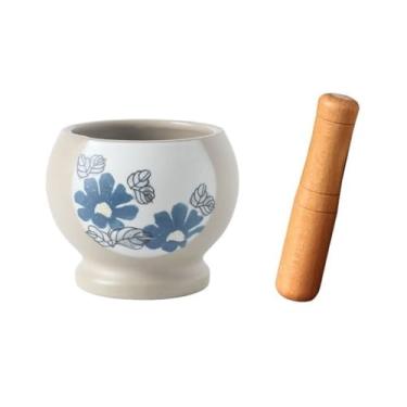 Imagem de Tigela Moedora Pounder de tempero multifuncional cerâmica manual tigela de especiarias conjunto de argamassa e pilão moedor de ervas Moedor Triturador(Blue)