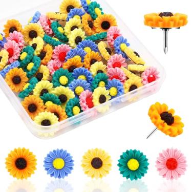 Imagem de 60 pinos de pressão para quadro de avisos decorativos de girassol tachinhas coloridas de florete para parede de fotos, quadro branco, quadro de cortiça, mapa, quadro de avisos, escritório, escola