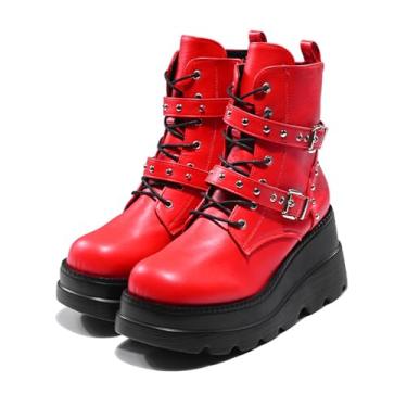 Imagem de NEJKG Botas femininas góticas punk, preta, bico redondo, cadarço, combate, salto anabela, casual, todas as estações, Vermelho, 36