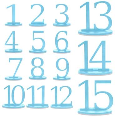 Imagem de Números de mesa azuis 1-15 com números de mesa de base oval para recepção de casamento suportes de placas de casamento rústicas azuis para banquetes, decoração de festas de aniversário