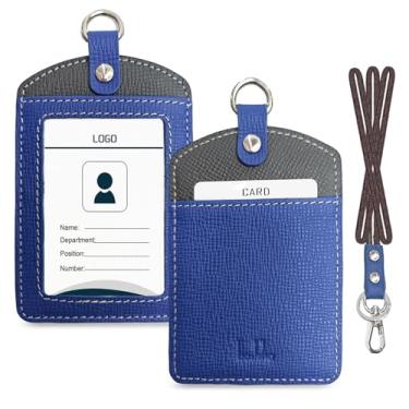 Imagem de Boshiho Porta-crachá de couro estilo vertical com cordão resistente (marrom com chaveiro)