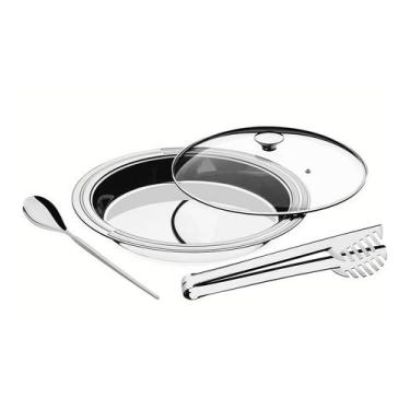 Imagem de Travessa 39cm Ciclo Aço Inox Tramontina Com Tampa De Vidro E Talheres