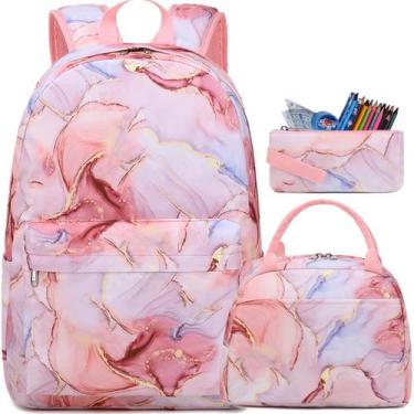 Imagem de Mochila Jumpopack School para meninas com lancheira - mármore rosa