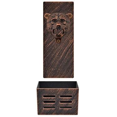 Imagem de HAIICEN Abridor de garrafa de cerveja rústico com caixa apanhadora de tampa, montagem na parede, conjunto de abridor de cabeça de urso de ferro fundido, magnético, bastão para geladeira