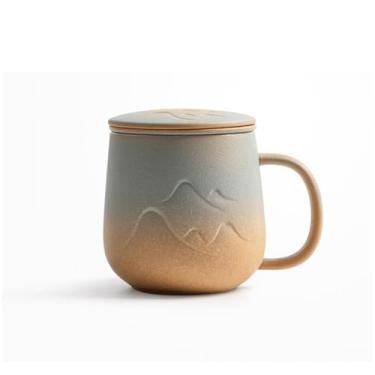 Imagem de hezhuhe2258 Caneca de café com tampa, conjunto de 1 caneca de café de cerâmica com capacidade de filtro interno 340 ml para escritório ou armazenamento de presentes para idosos (amarelo)