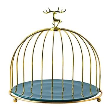 Imagem de Suporte para bolos em forma de gaiola de pássaros para sobremesas de FLaig, para mesa de sobremesas, de metal dourado, com bandeja de cerâmica e tampa de alce para celebrações, decorações para casa