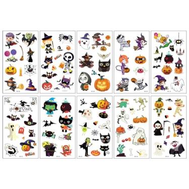 Imagem de Tatuagens temporárias para decoração de Halloween – 10 folhas à prova d'água, abóbora, fantasma, doces, bruxa, gato, vampiro, adesivos de arte corporal para mão, pescoço, pulso, adereços de festa para