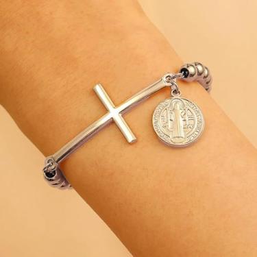 Imagem de Pulseira de Jesus para mulheres, joia de fé cristã, pulseira cruzada, ajustável, presente para ela, joia inspiradora, Medium, Latão, Sem Pedra Preciosa