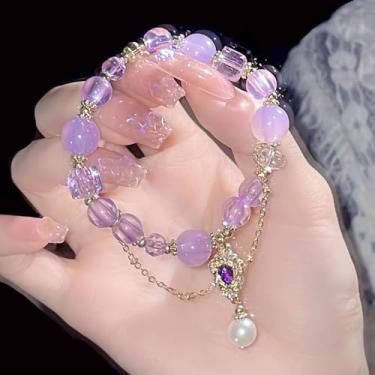 Imagem de Pulseira feminina com pingente de contas de cristal, acessório de margarida boho com pérola de zircão roxo, joia feita à mão
