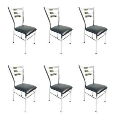 Imagem de Kit 6 Cadeiras de COZINHA com reforço cromada assento preto - Poltrona